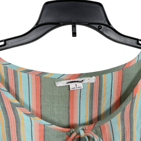 O'Neill Babydoll Top Blouse Small Green Orange Stripe Peplum - Picture 4 of 8